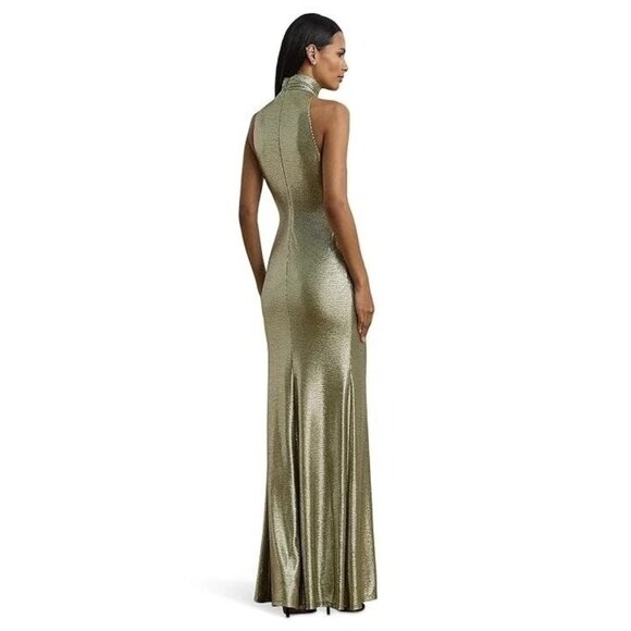 295$ Lauren Ralph Lauren Retleah Gown Maxi Dress Size 10 Olive Grove Gold Foil - Picture 2 of 3